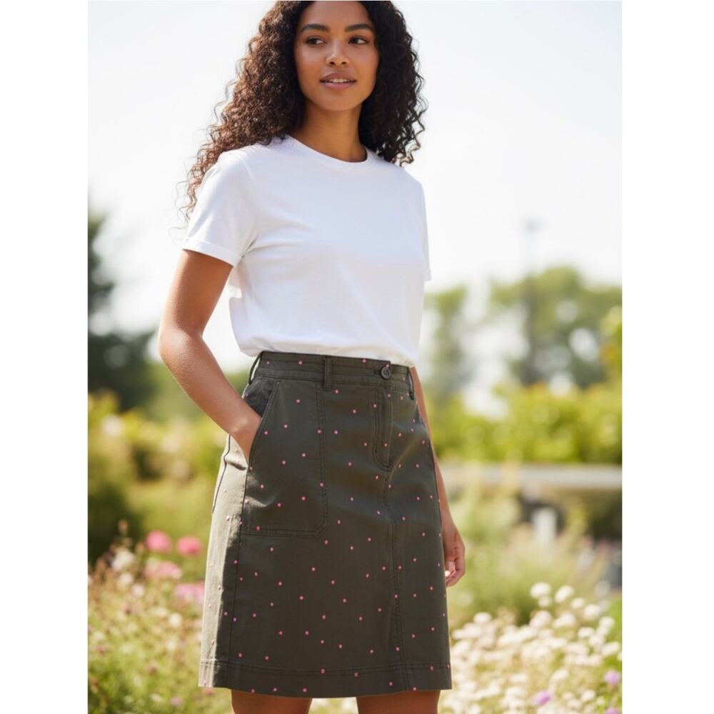 Boden A Line Chino Mini Skirt Khaki Green Pink Polka Dots Size 10 Long Preppy